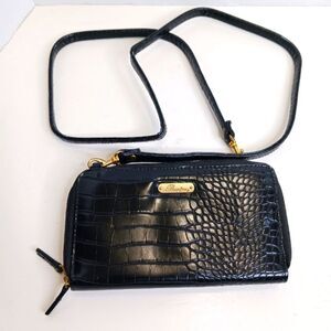 Buxton Wallet Crossbody Black Gold Animal Print